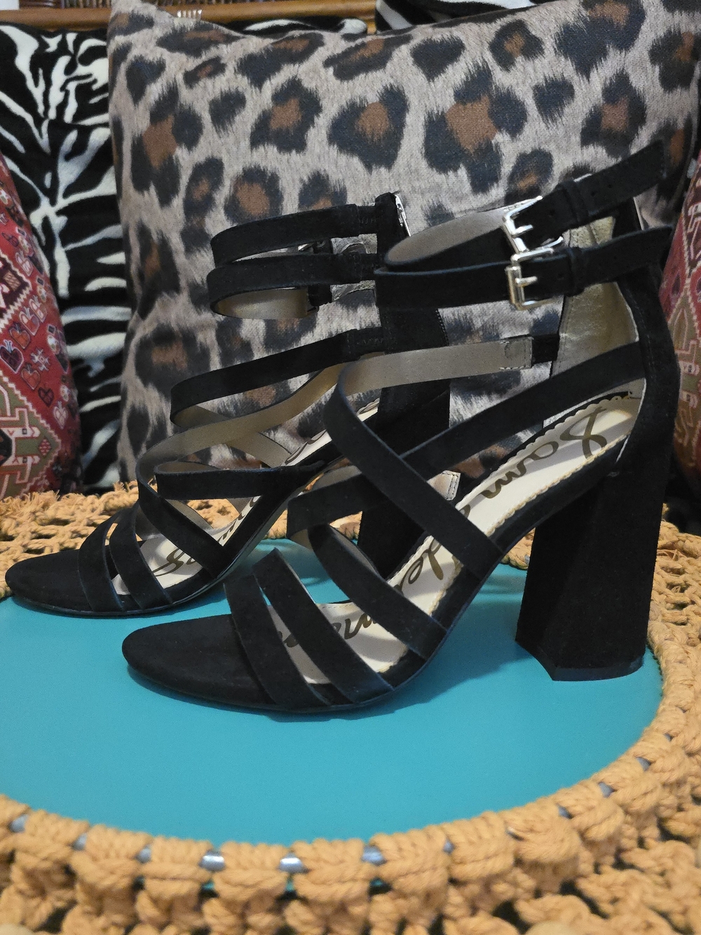 Sam Edelman Yema Black Suede Strappy Block Heel Sandals 7.5